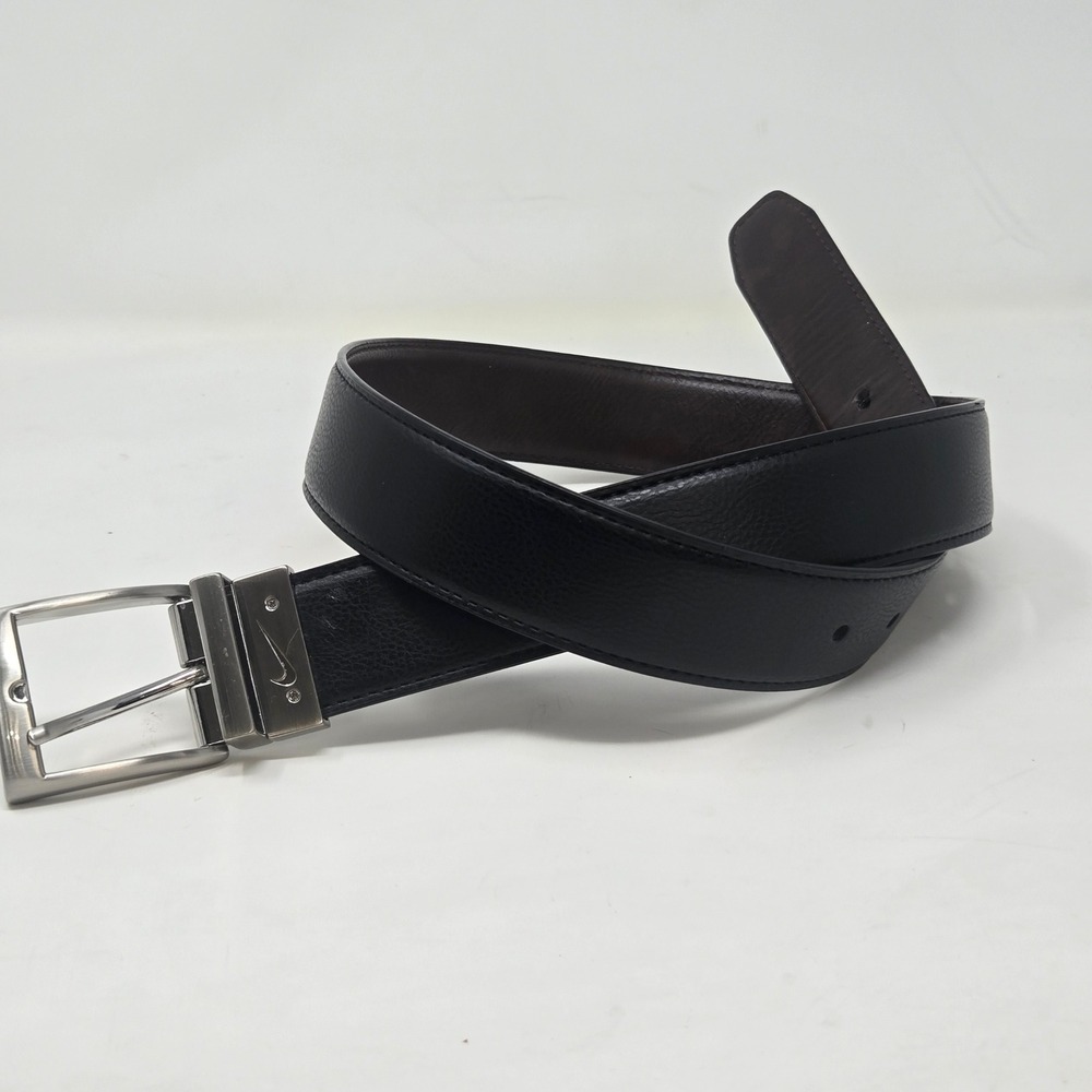 Nike Mens‎ Reversible Leather Belt Black Brown Silver Buckle Swoosh Logo 34 36